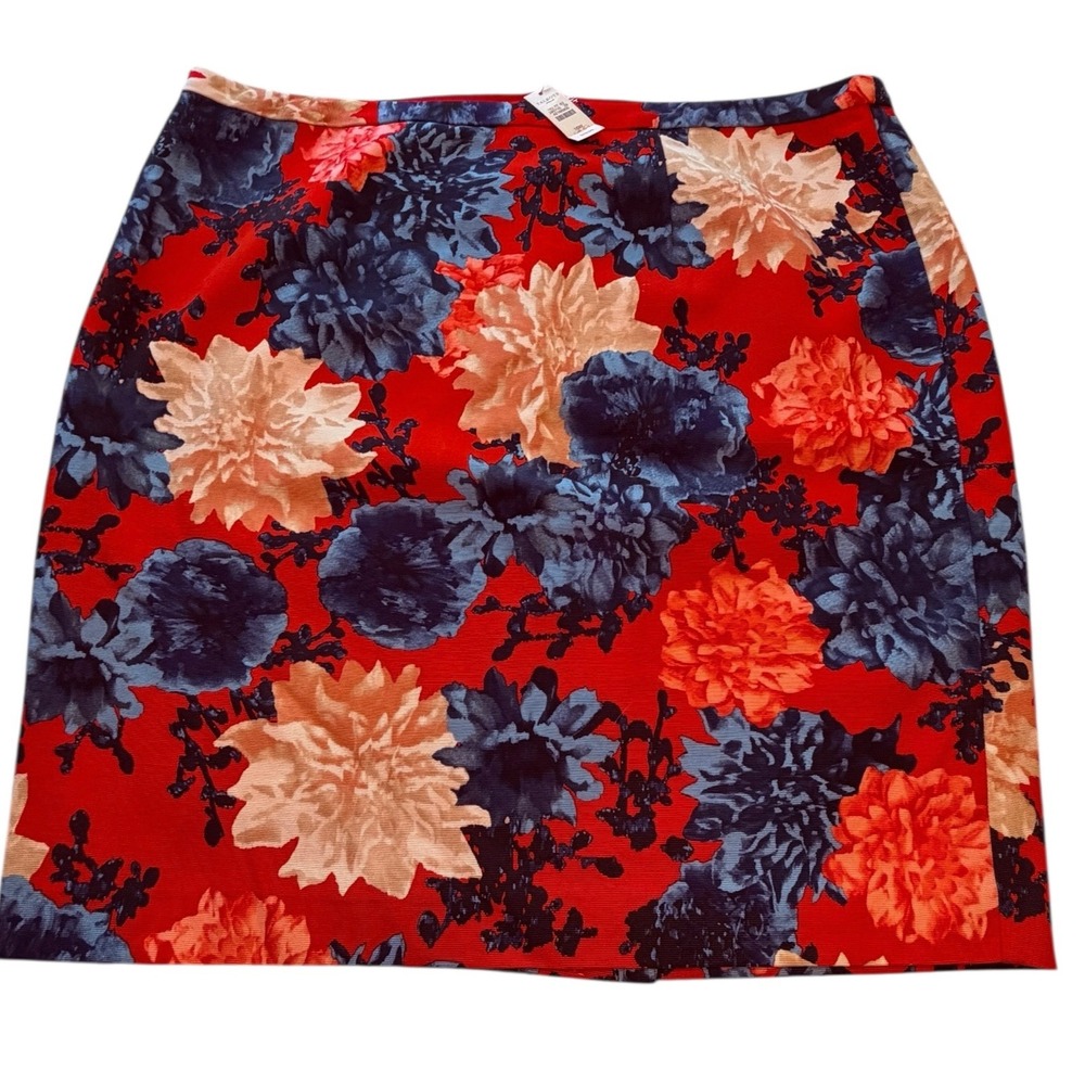New Talbots Red Floral Pencil Skirt Size 16 Lined Career Church Peppy Easter NWT